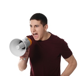 Portrait of emotional man using megaphone on white background