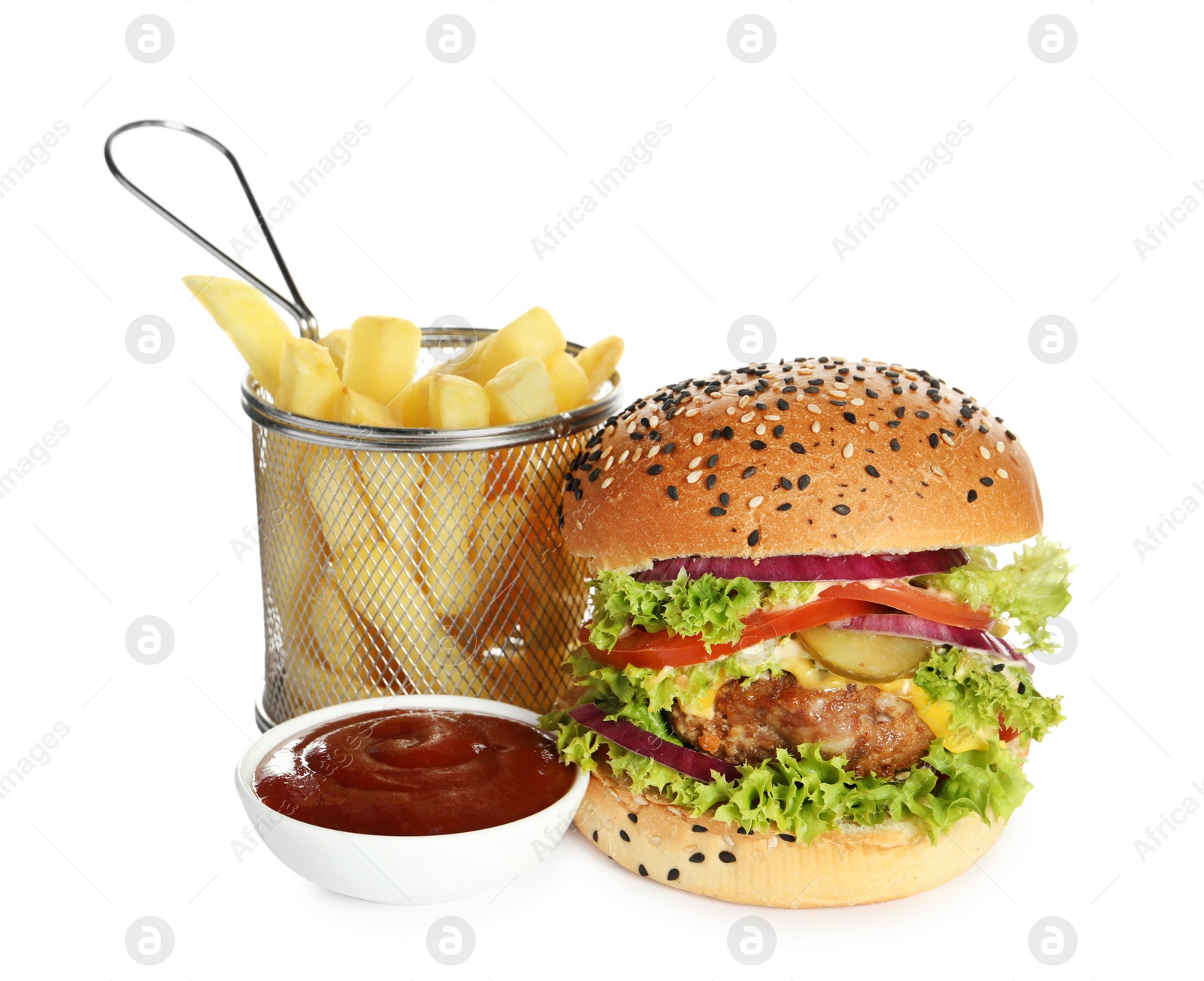 Burger with delicious patty, french fries and sauce isolated on white Photo of Burger with delicious patty, french fries and sauce isolated on white