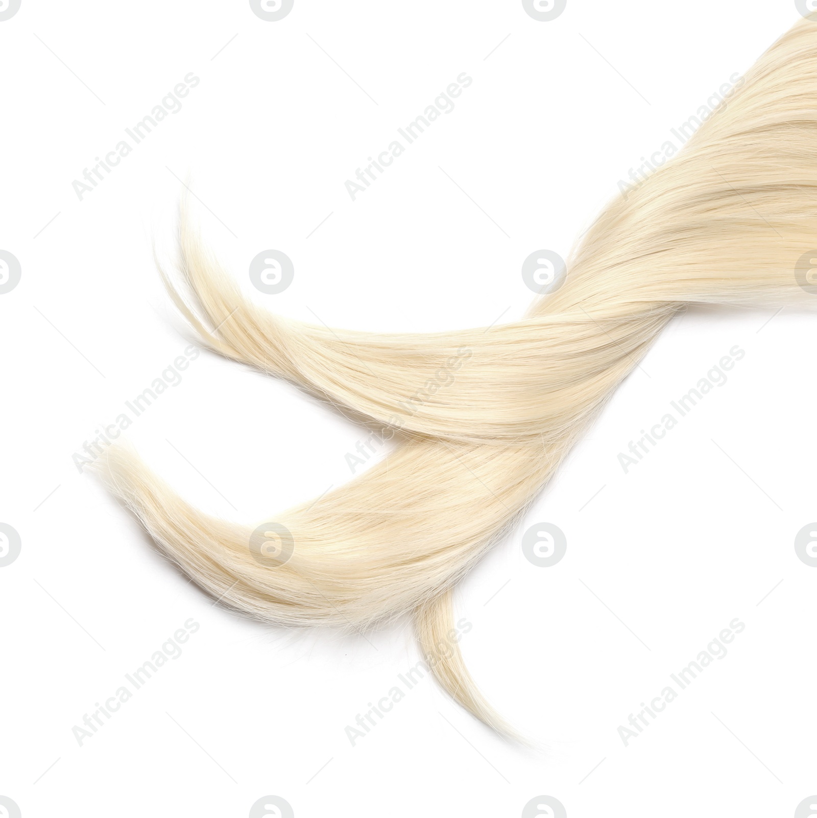 Photo of Lock of beautiful blonde straight hair isolated on white, top view