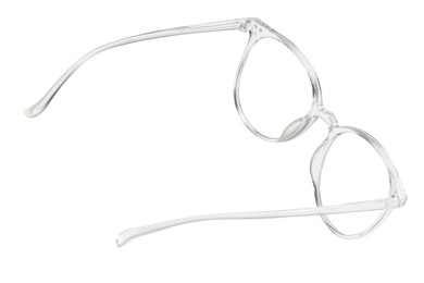 Stylish glasses with transparent frame isolated on white