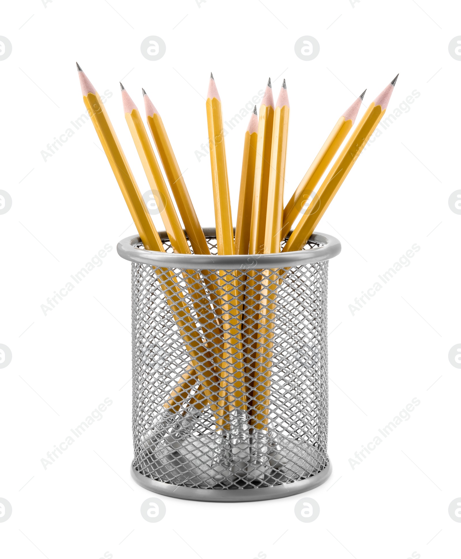 Photo of Many sharp pencils in holder isolated on white