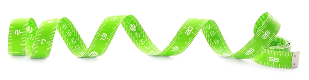 Long green measuring tape isolated on white