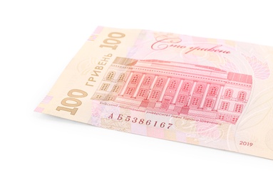 Photo of 100 Ukrainian Hryvnia banknote on white background