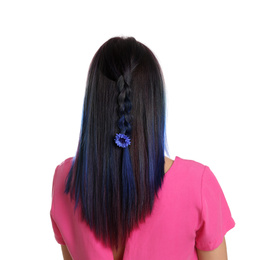 Photo of Young woman with bright dyed hair on white background, back view