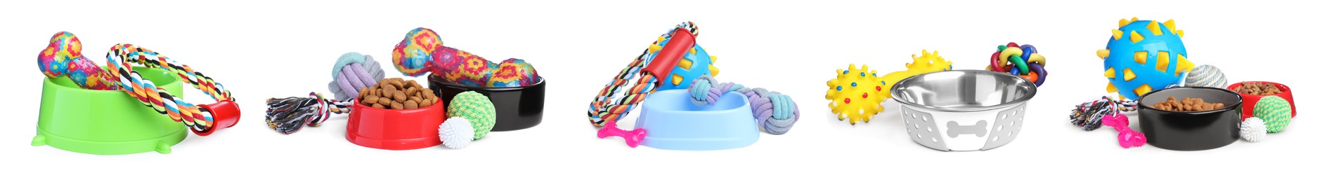 Image of Set with feeding bowls and toys for pet on white background. Banner design