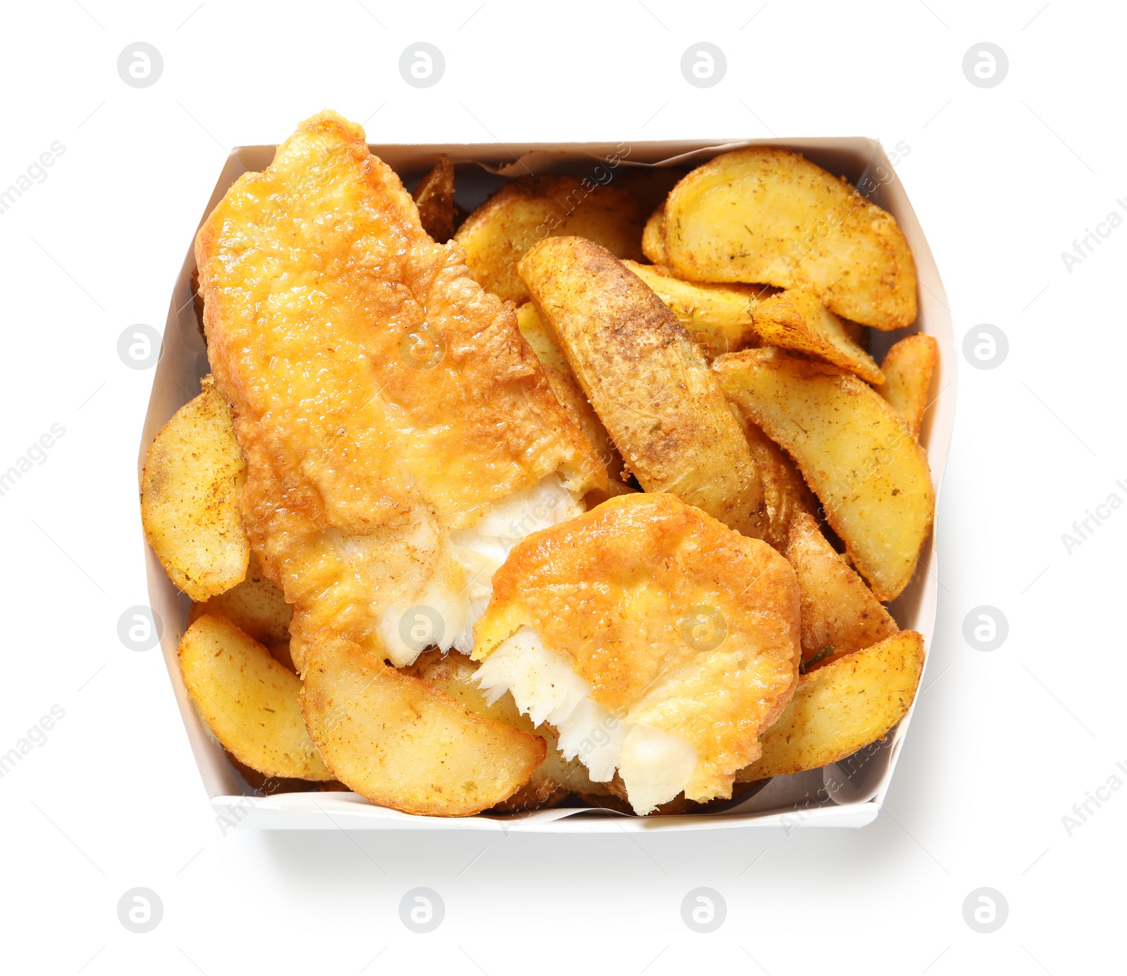 Photo of Disposable container with British Traditional Fish and potato chips on white background, top view