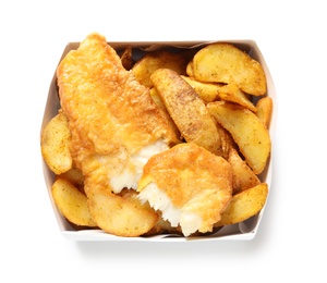 Photo of Disposable container with British Traditional Fish and potato chips on white background, top view