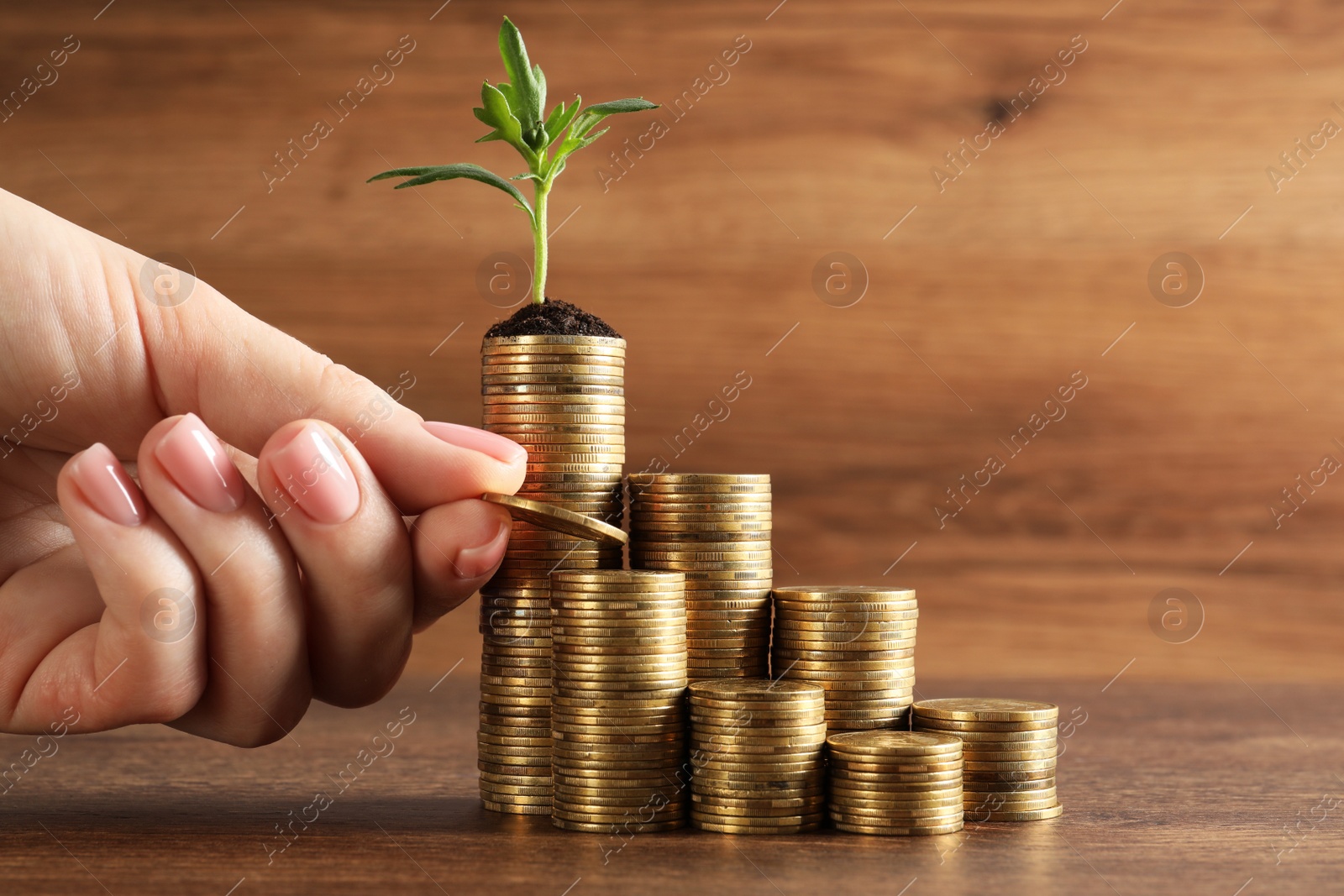 Photo of Woman putting coin onto stack with green sprout at wooden table, closeup. Investment concept