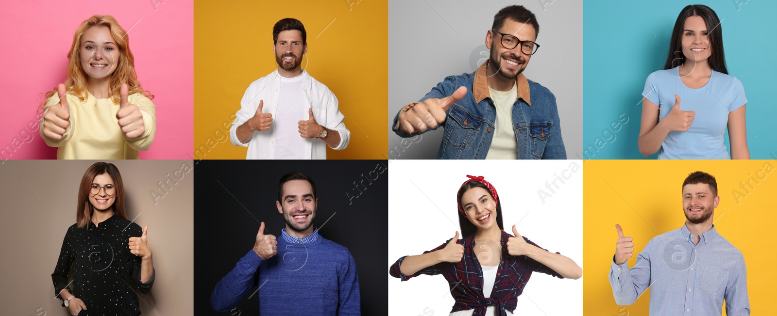 Image of Collage with photos of people showing thumbs up on different color backgrounds