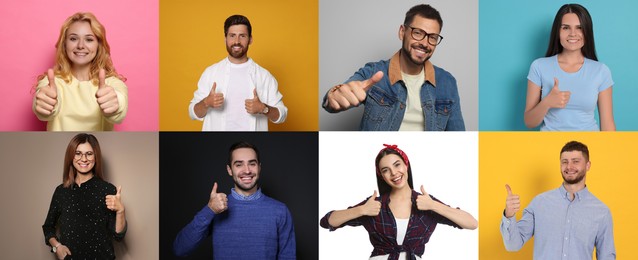 Collage with photos of people showing thumbs up on different color backgrounds