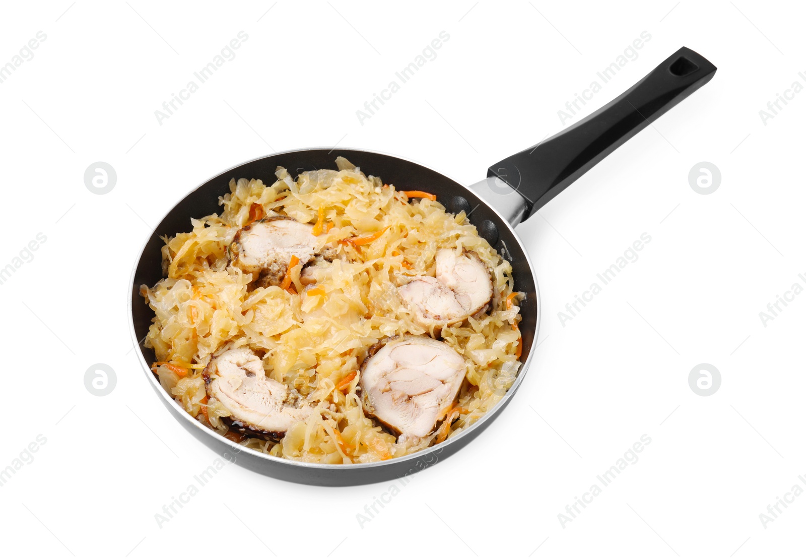 Photo of Frying pan with sauerkraut and chicken isolated on white