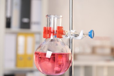 Photo of Laboratory analysis. Glass flask with pink liquid on stand indoors, closeup