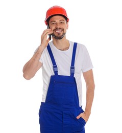 Professional repairman in uniform talking on phone against white background