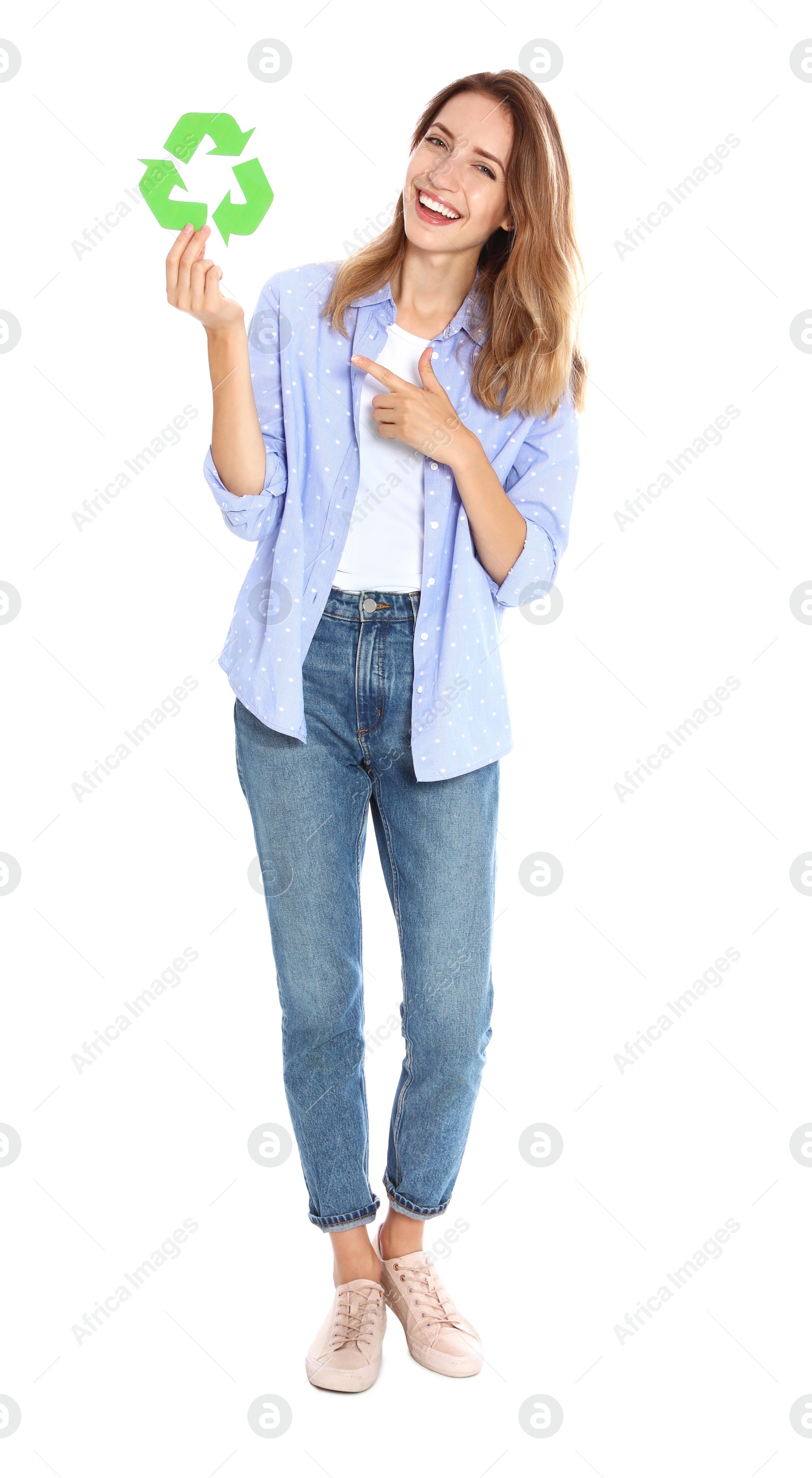 Photo of Young woman with recycling symbol on white background