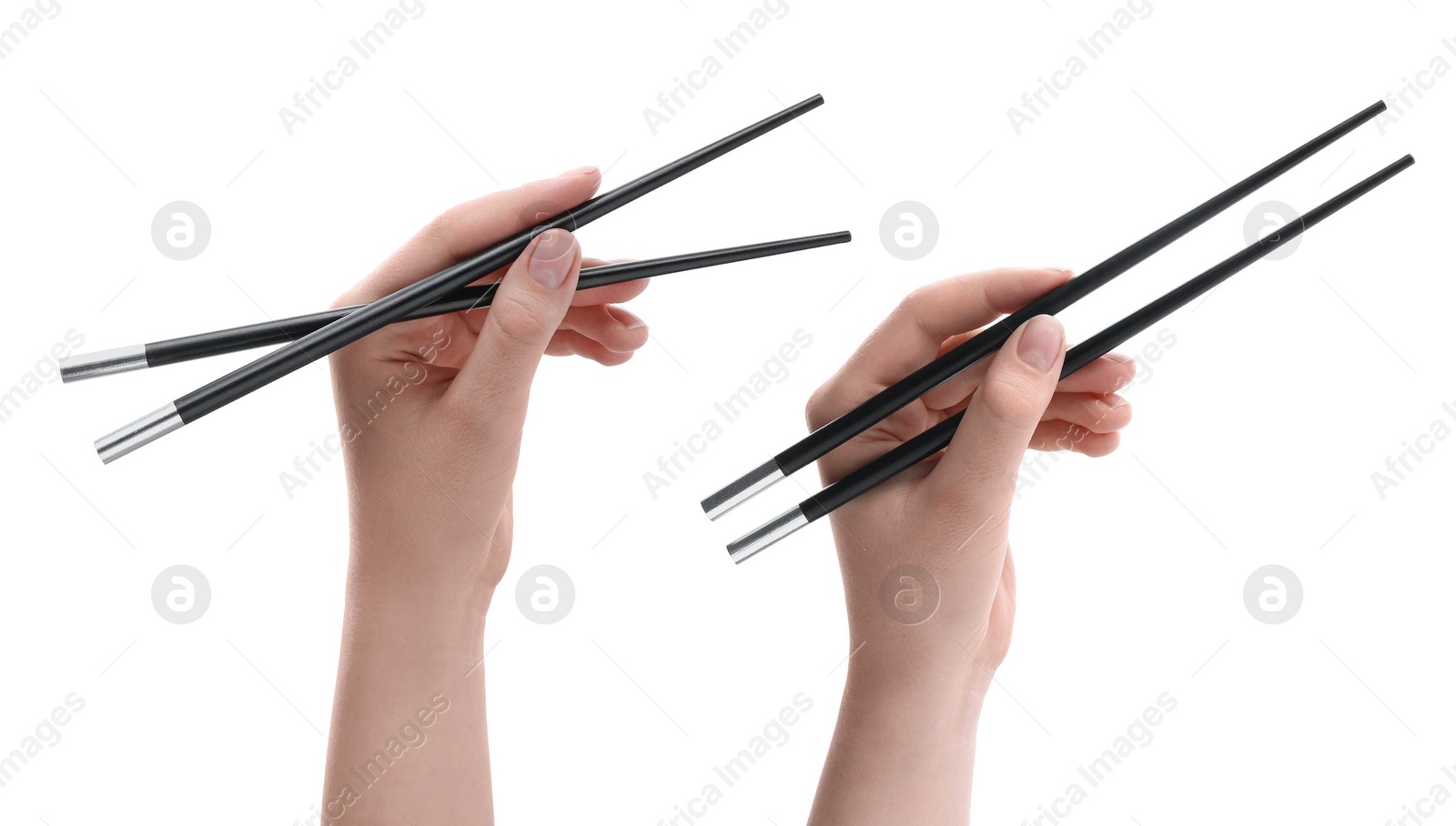 Image of Woman holding chopsticks isolated on white, closeup. Collage with photos