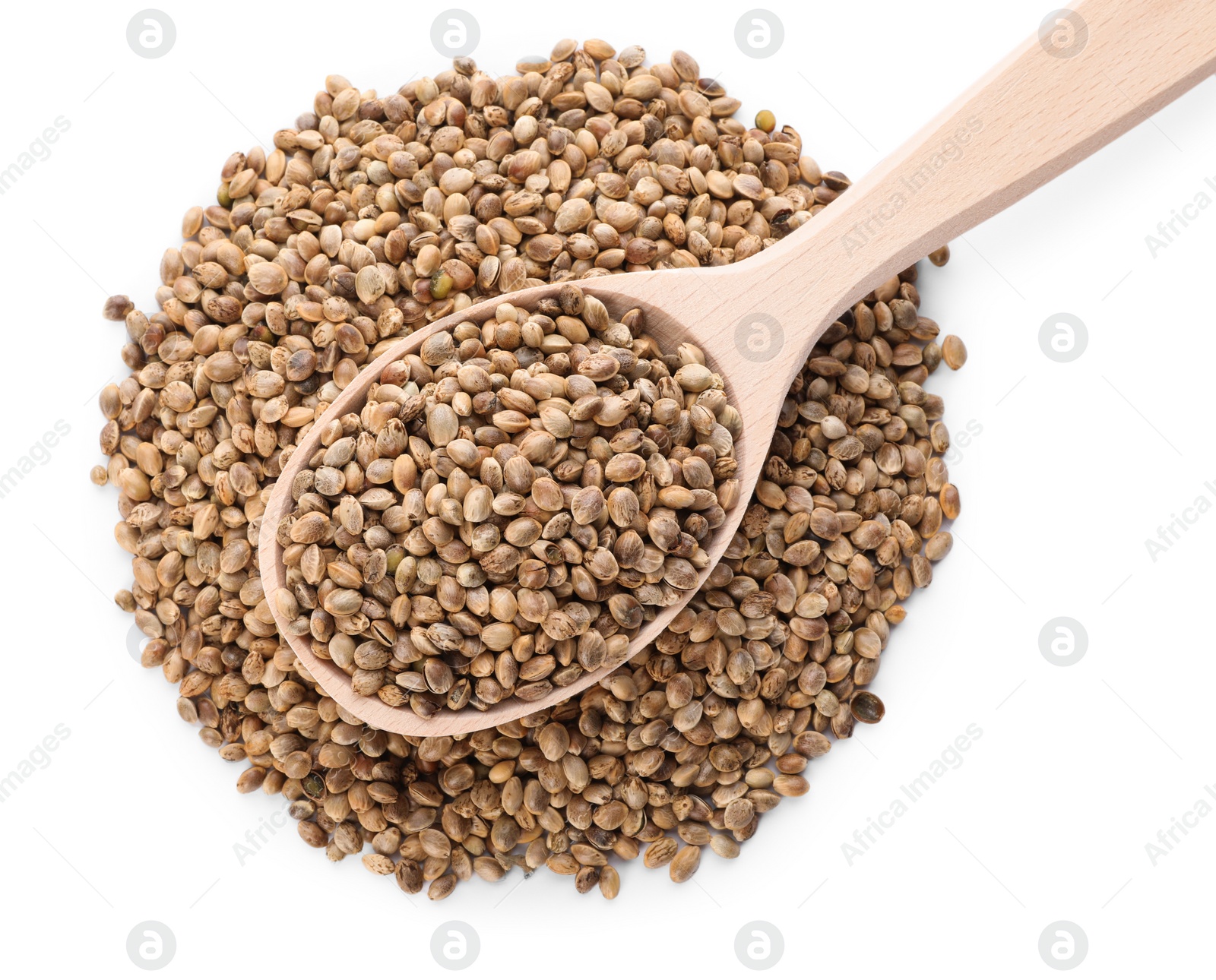 Photo of Wooden spoon and hemp seeds on white background, top view