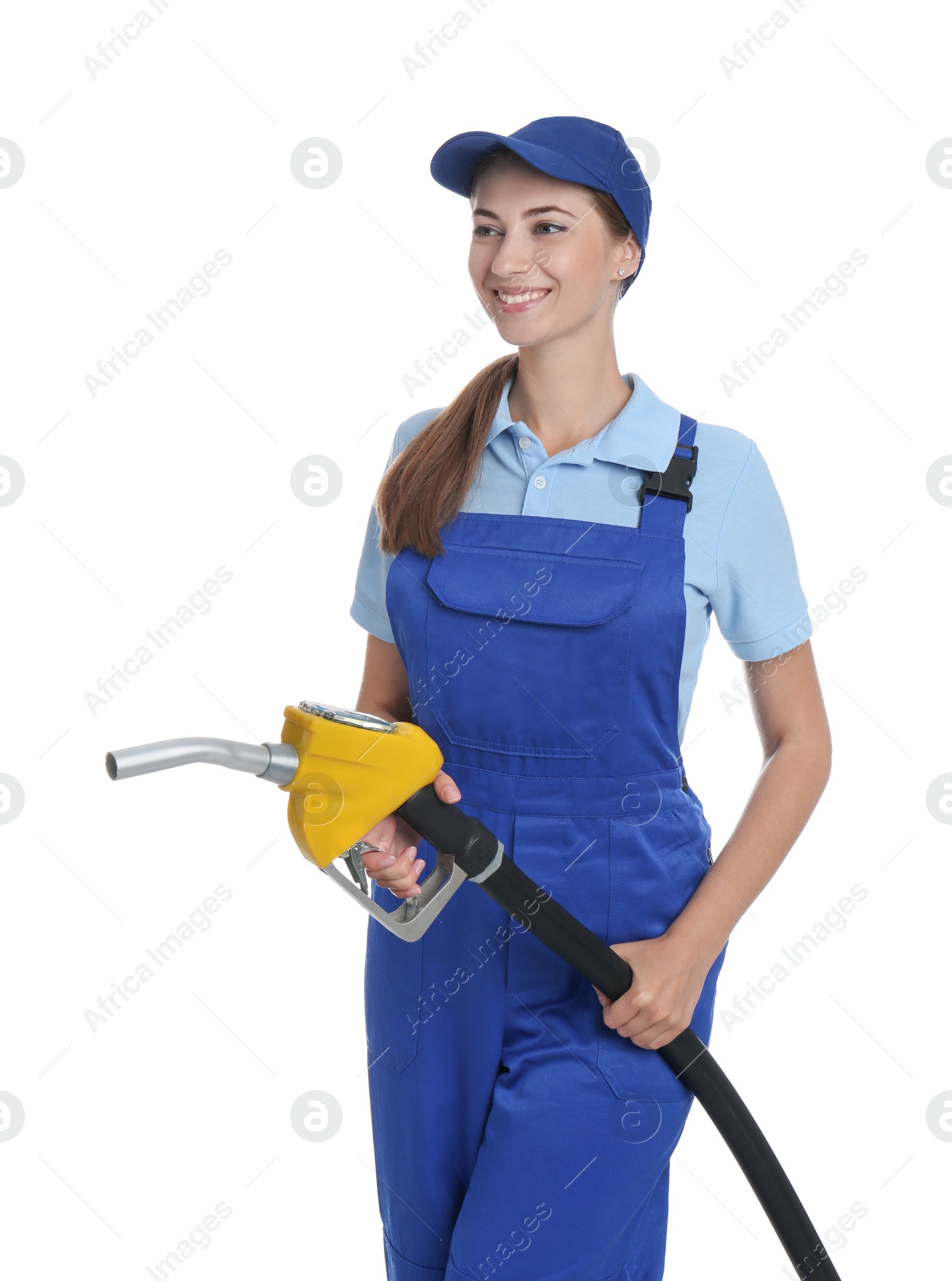 Photo of Gas station worker with fuel nozzle on white background