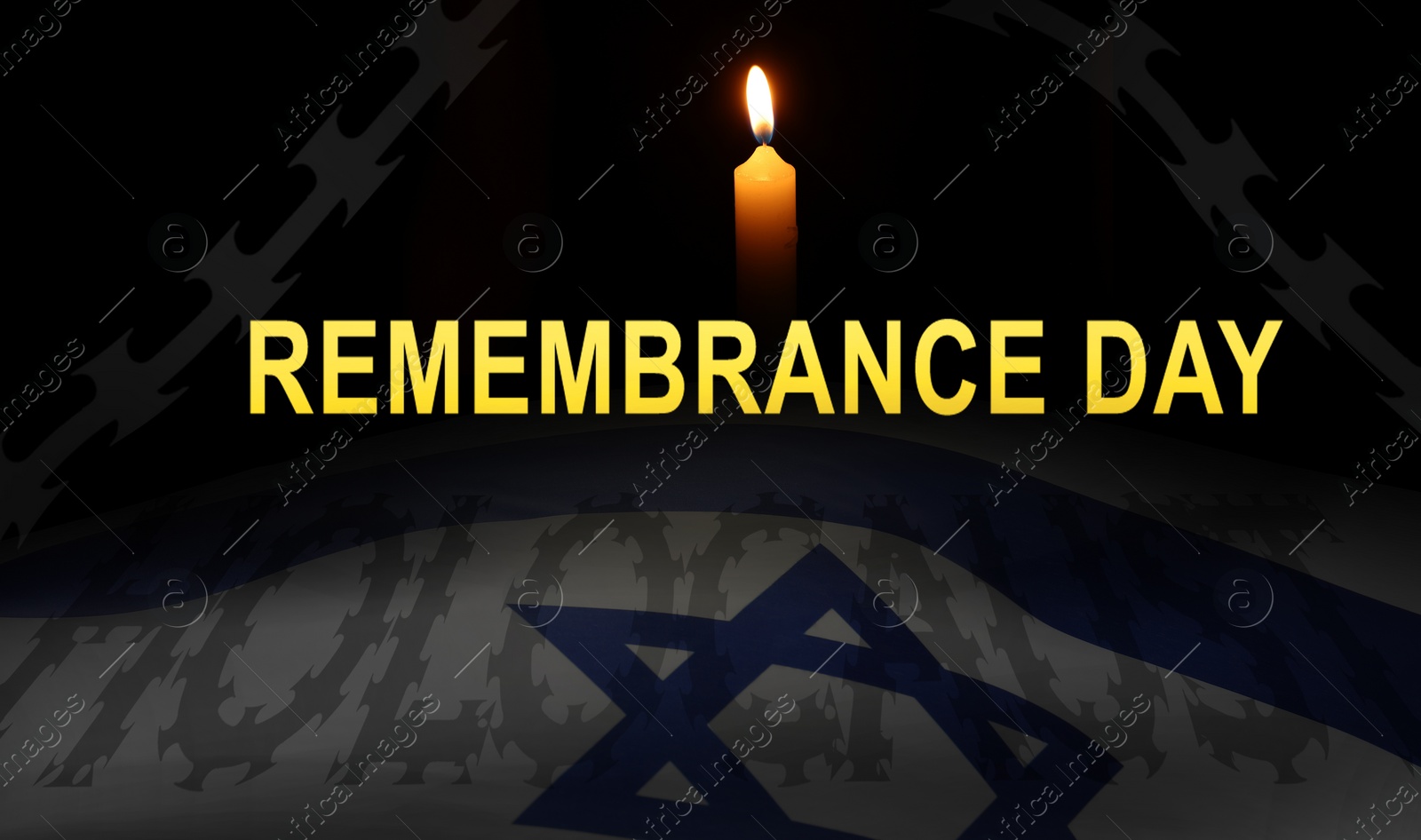 Image of Remembrance Day, banner design. Burning candle, flag of Israel and barbed wire