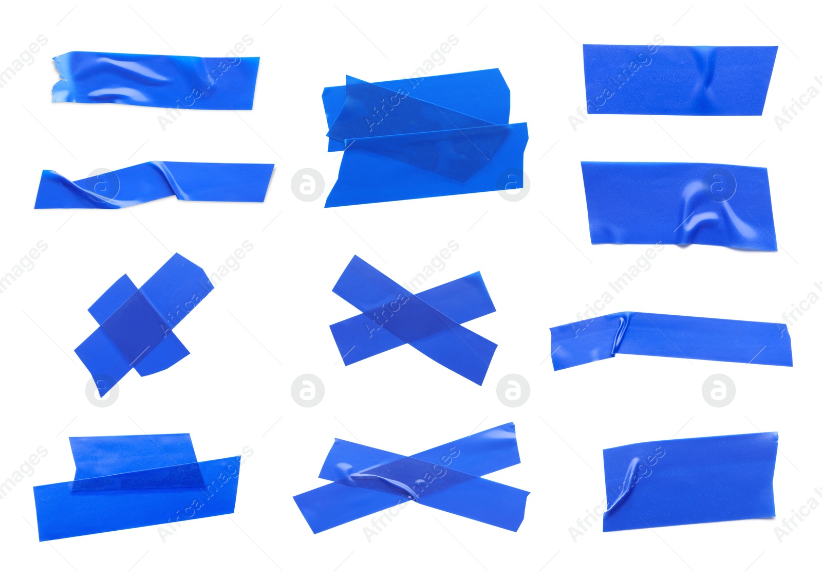 Image of Collage with pieces of blue insulating tape on white background