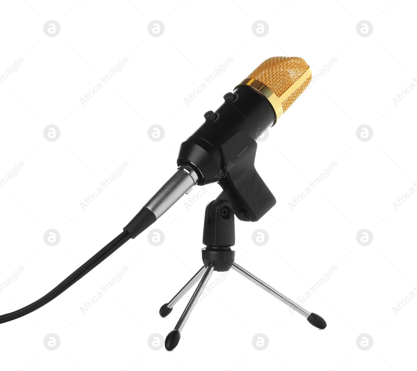 Photo of Condenser microphone with holder on white background