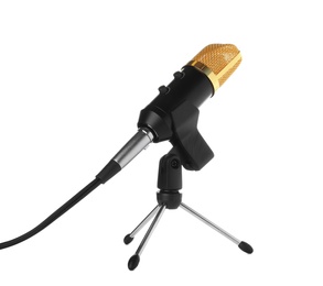 Photo of Condenser microphone with holder on white background