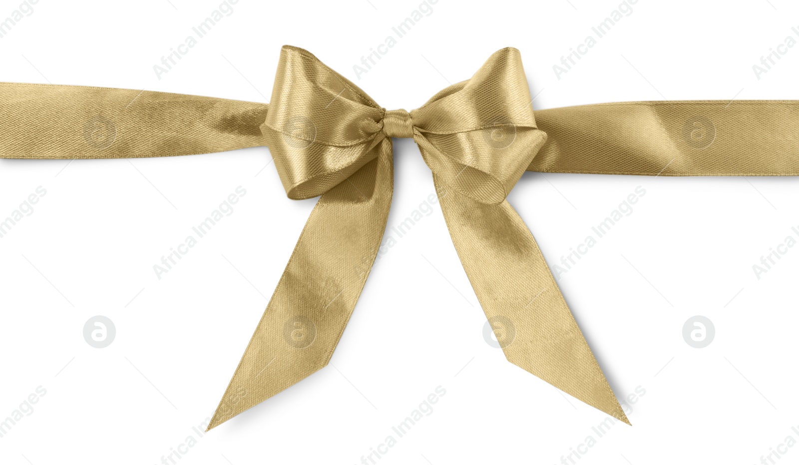 Photo of Golden satin ribbon with bow on white background, top view