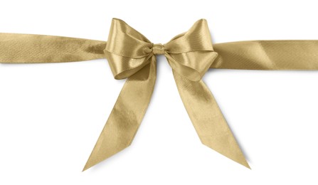 Photo of Golden satin ribbon with bow on white background, top view