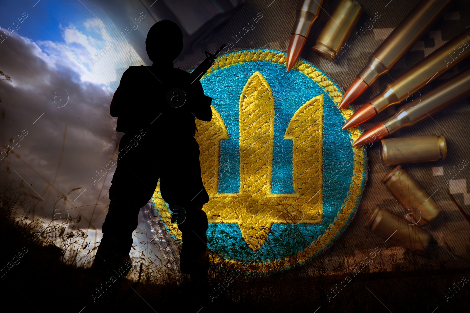 Image of Stop war in Ukraine. Silhouette of armed soldier outdoors, ammunition and tryzub symbol in Ukrainian flag colors, double exposure effect