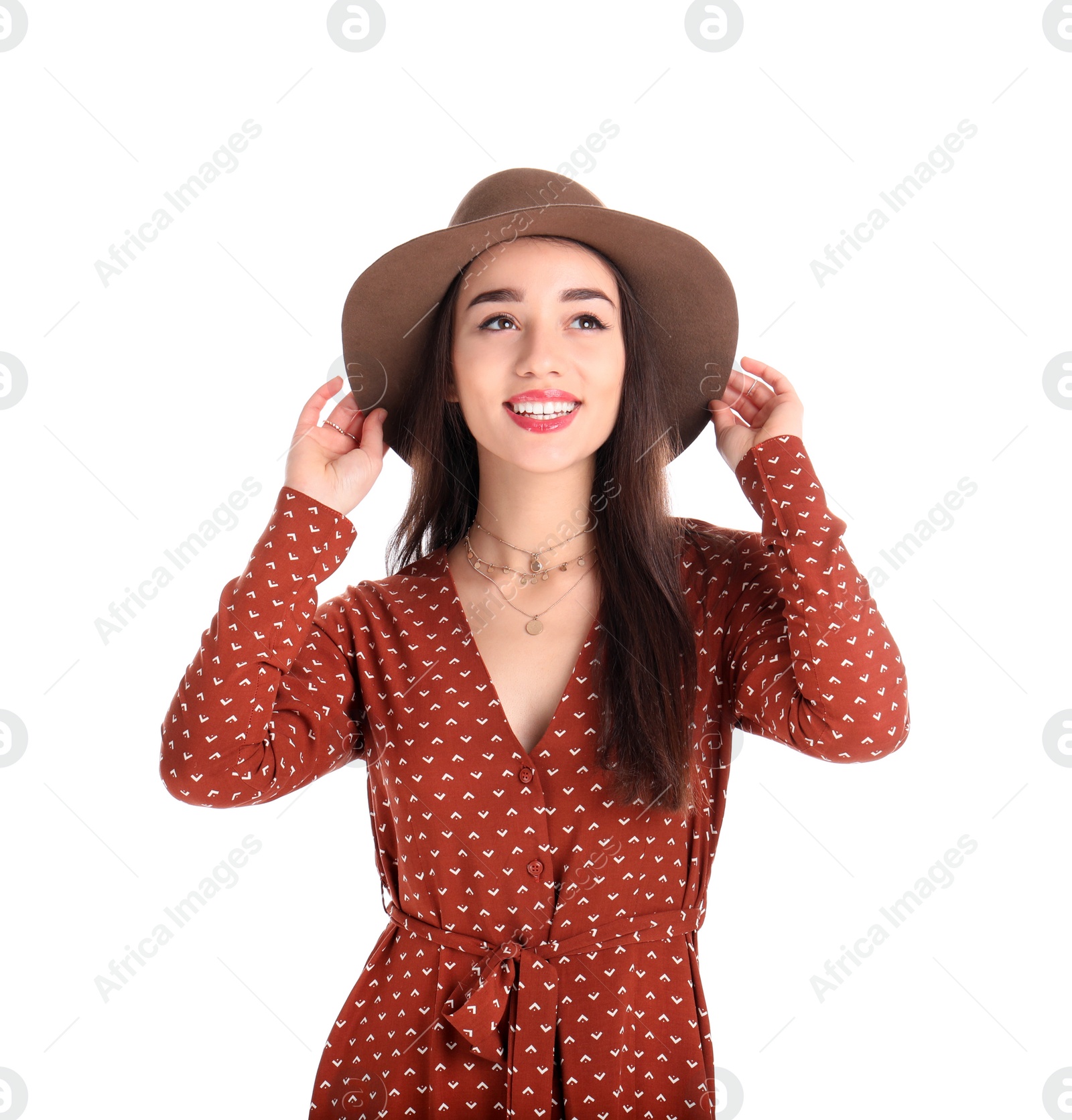 Photo of Portrait of beautiful young woman in stylish dress on white background