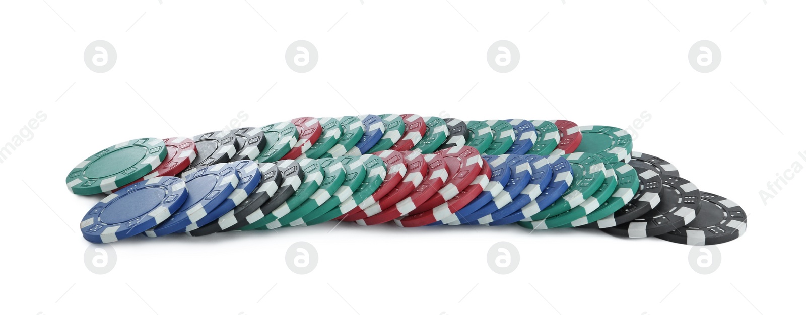 Photo of Pile of casino poker chips on white background