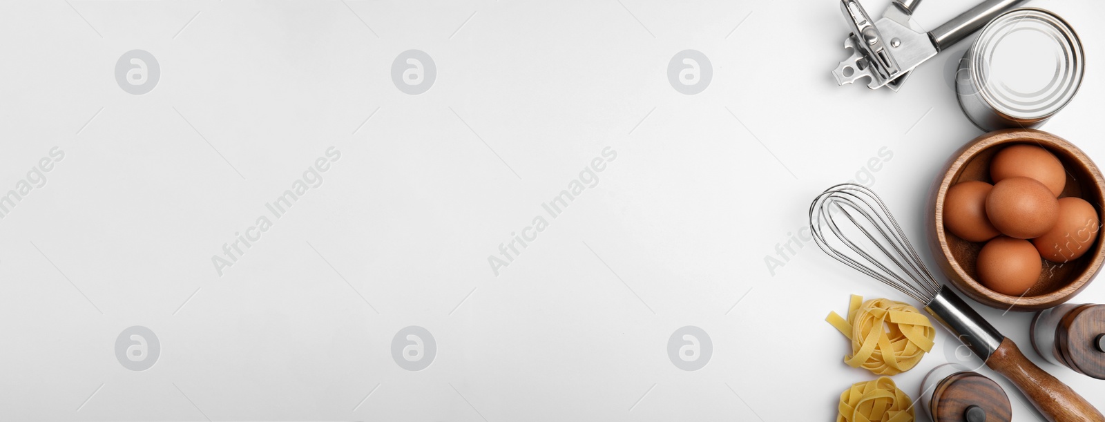 Image of Cooking utensils and ingredients on white background, flat lay with space for text. Banner design