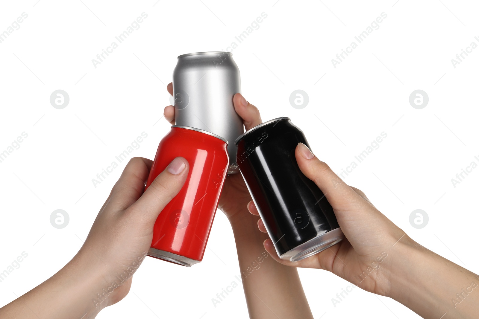 Photo of Friends clinking different cans on white background, closeup