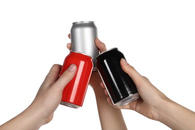 Photo of Friends clinking different cans on white background, closeup