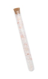 Photo of Glass tube with pink himalayan salt on white background, top view