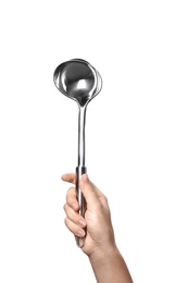 Photo of Woman holding soup ladle on white background. Kitchen utensils