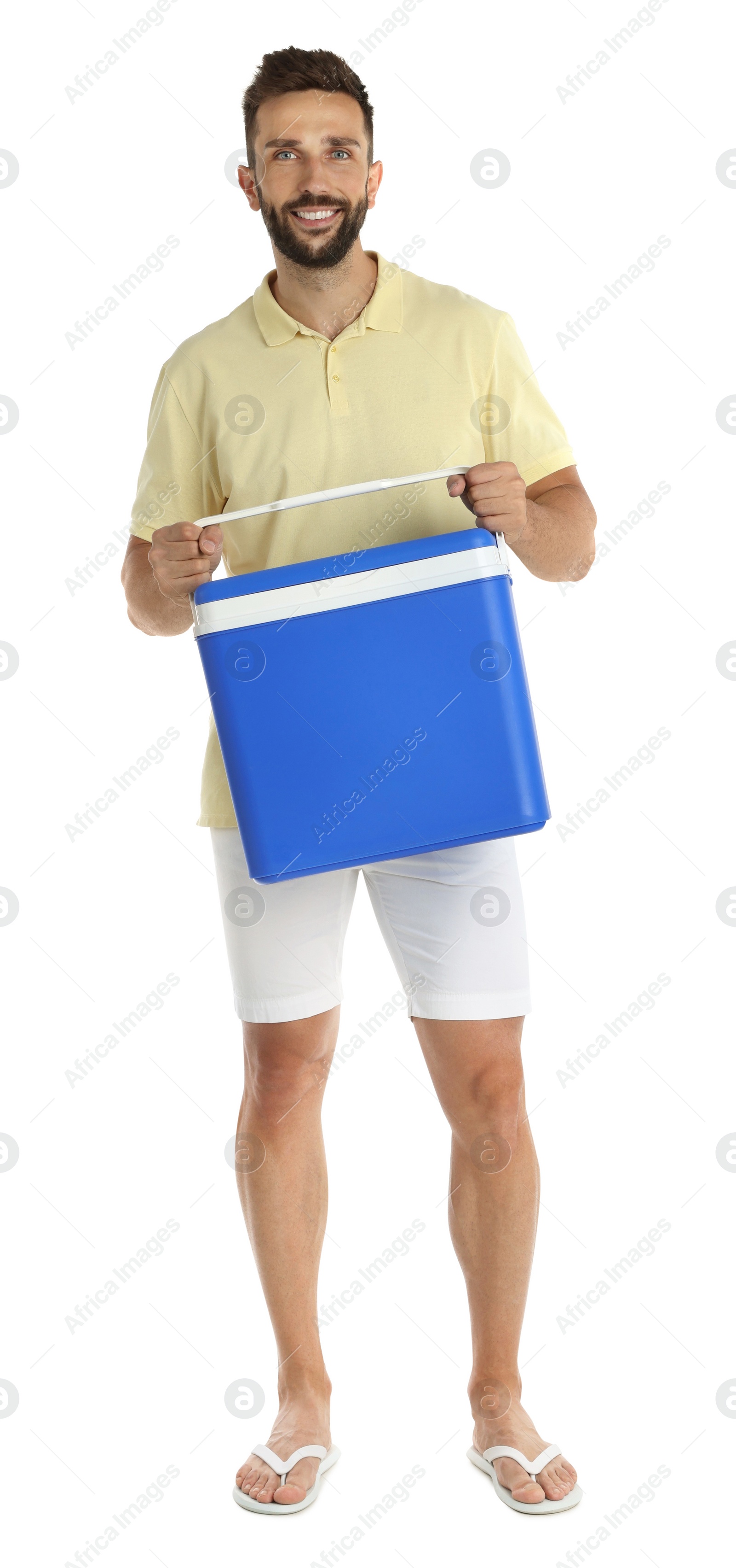 Photo of Happy man with cool box on white background