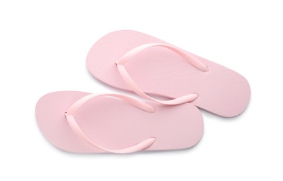 Photo of Stylish pink flip flops on white background, top view. Beach object
