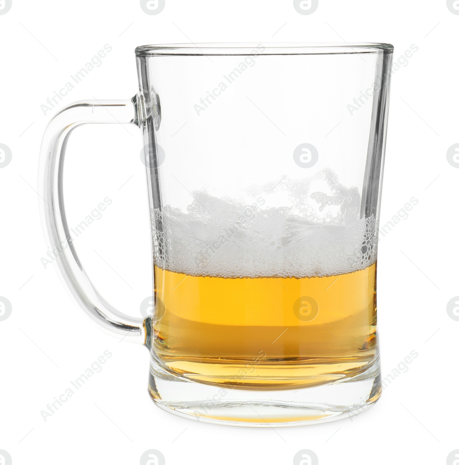 Photo of Half empty mug of beer isolated on white