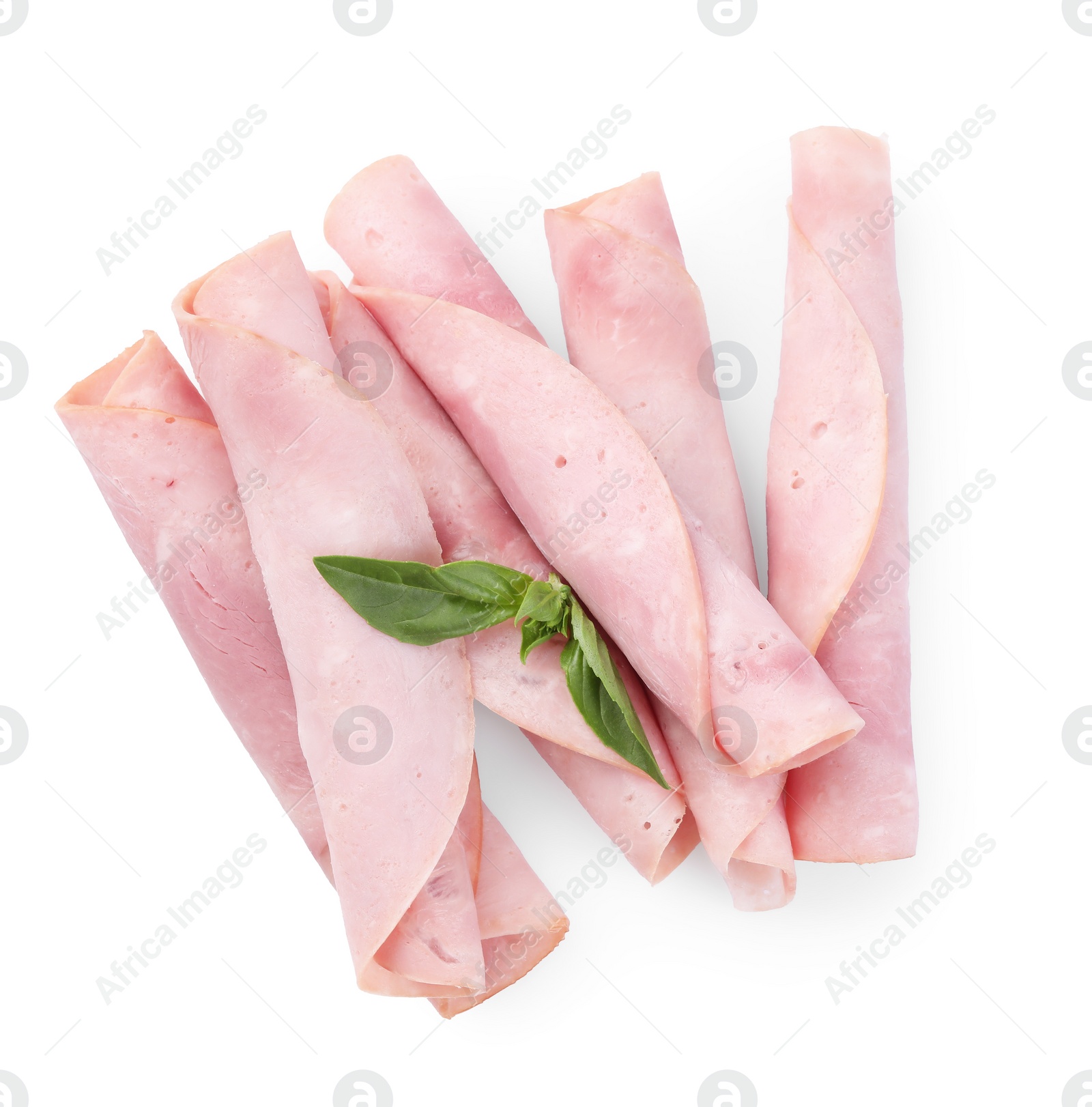 Photo of Rolled slices of tasty ham and basil isolated on white, top view