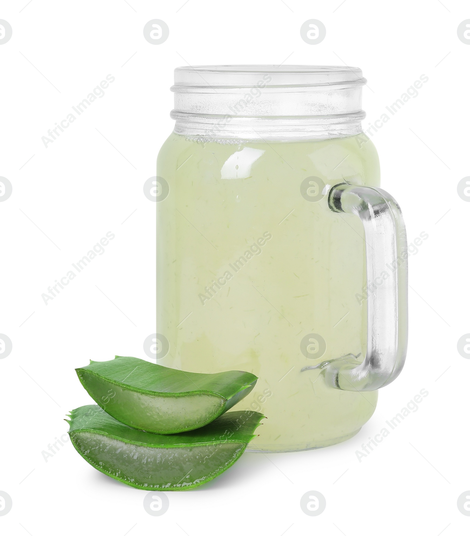 Photo of Tasty aloe juice in mason jar and cut leaves isolated on white