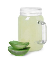 Photo of Tasty aloe juice in mason jar and cut leaves isolated on white