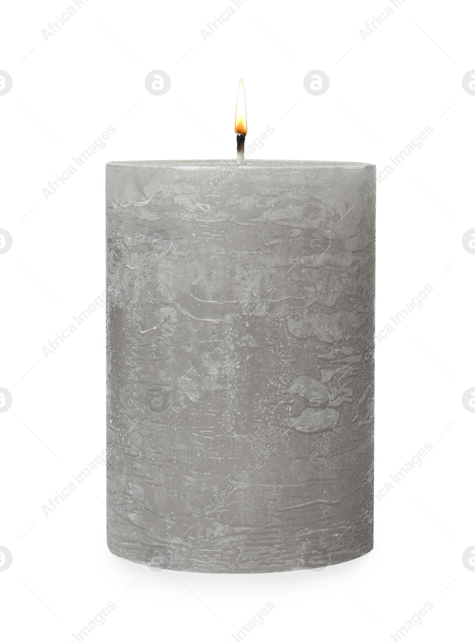 Photo of One alight wax candle on white background