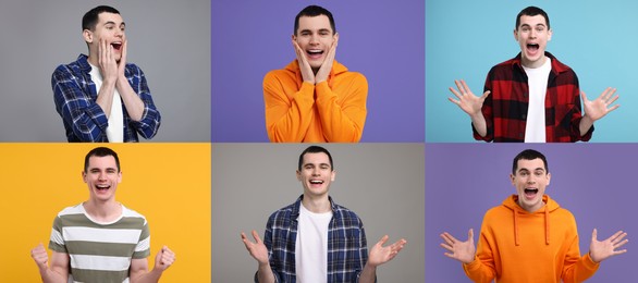 Collage with photos of surprised man on different color backgrounds