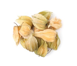 Photo of Many ripe physalis fruits with calyxes isolated on white, top view