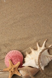 Photo of Beautiful starfish, rope and sea shells on sand, flat lay. Space for text