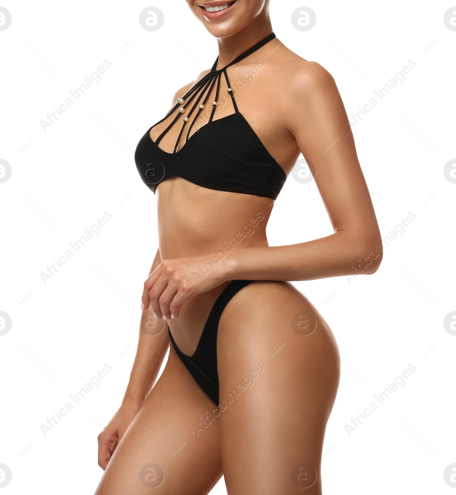 Photo of Sexy young woman in stylish swimsuit isolated on white, closeup. Beach body goal