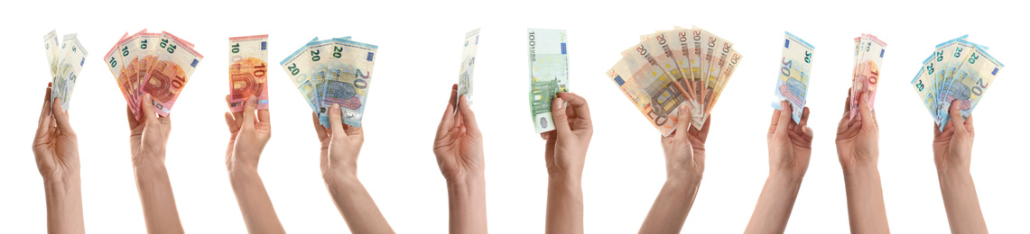 Image of Collage with women holding euro banknotes on white background, closeup