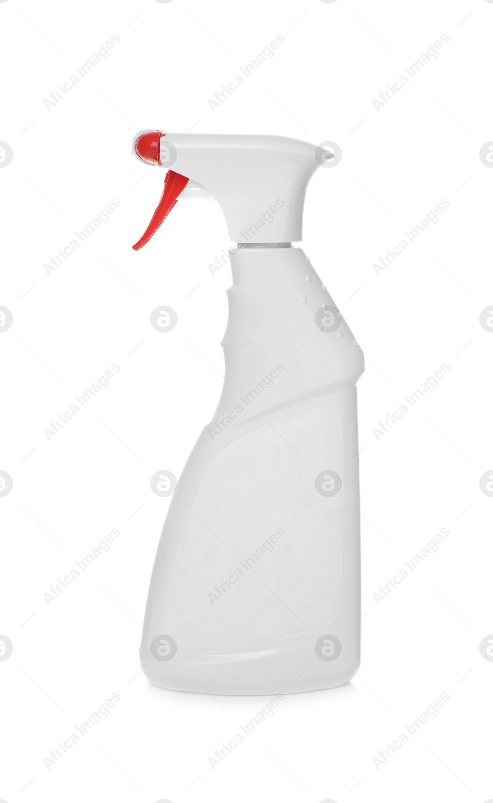 Photo of Spray bottle with detergent on white background. Cleaning supplies