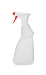 Photo of Spray bottle with detergent on white background. Cleaning supplies