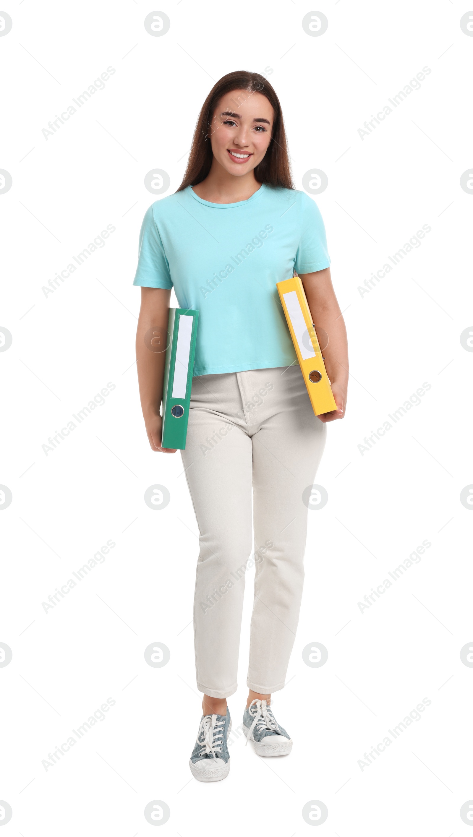 Photo of Happy woman with folders on white background